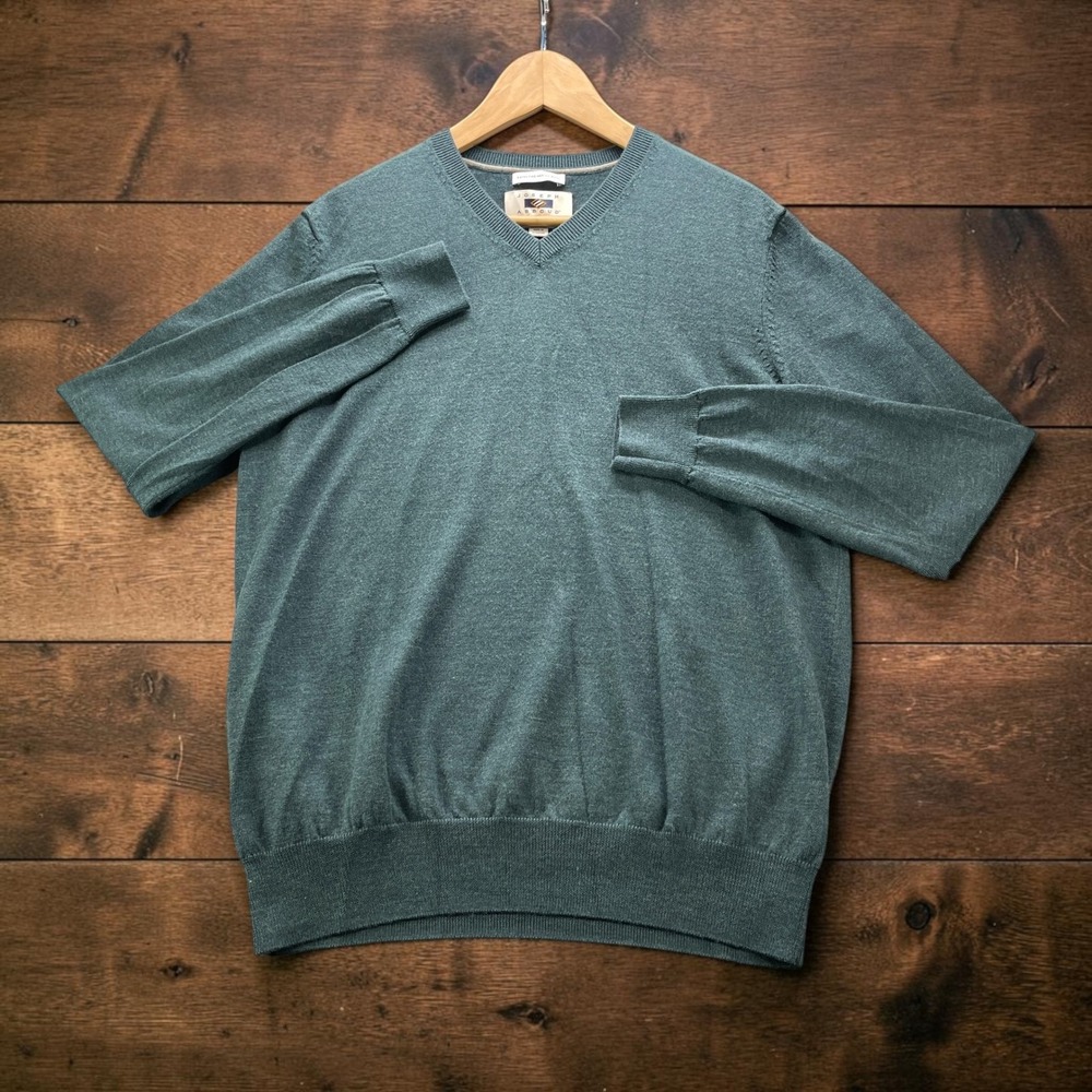 Joseph Abboud Mens Extra Fine Merino Wool V-Neck Sweater Teal Green Large